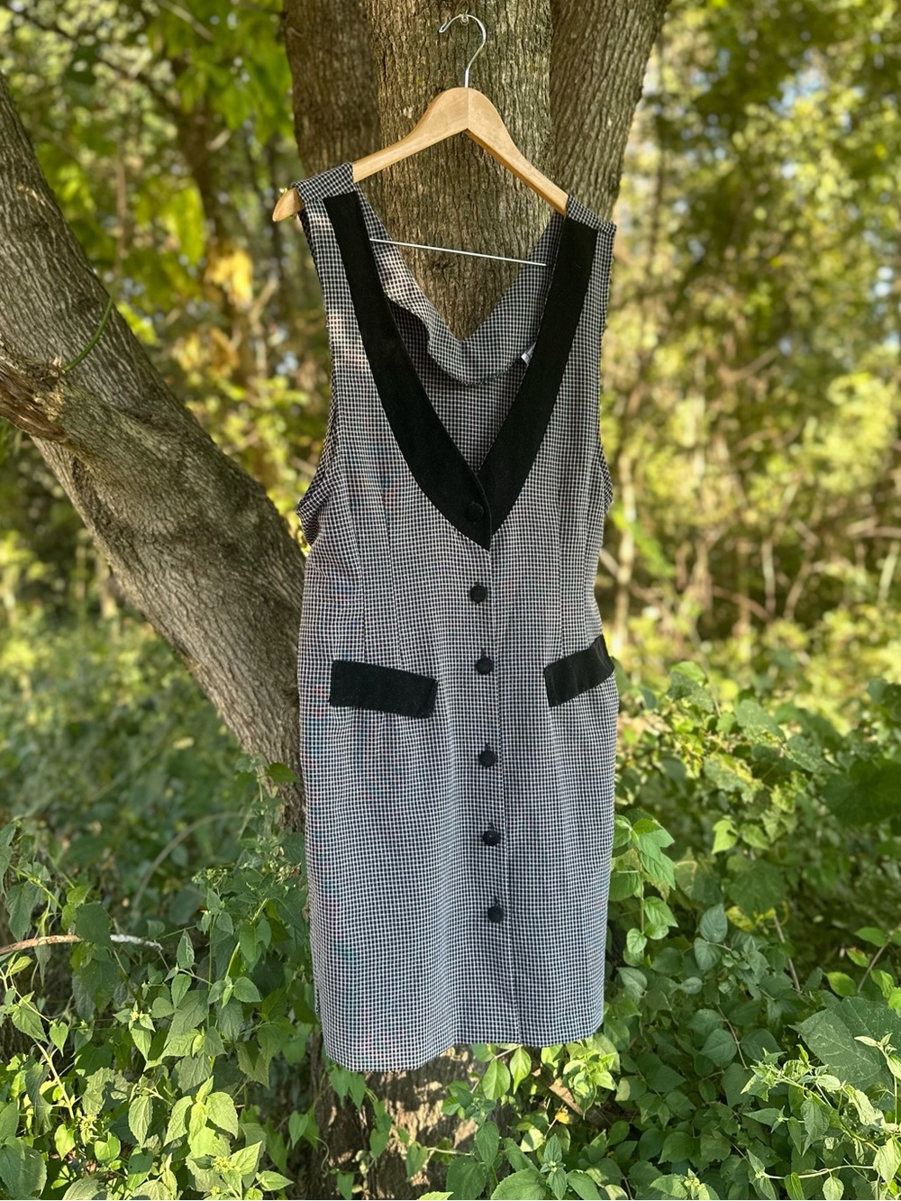 Vintage 90s DBY Ltd Sleeveless Houndstooth Button-Front Mini Dress Black Trim